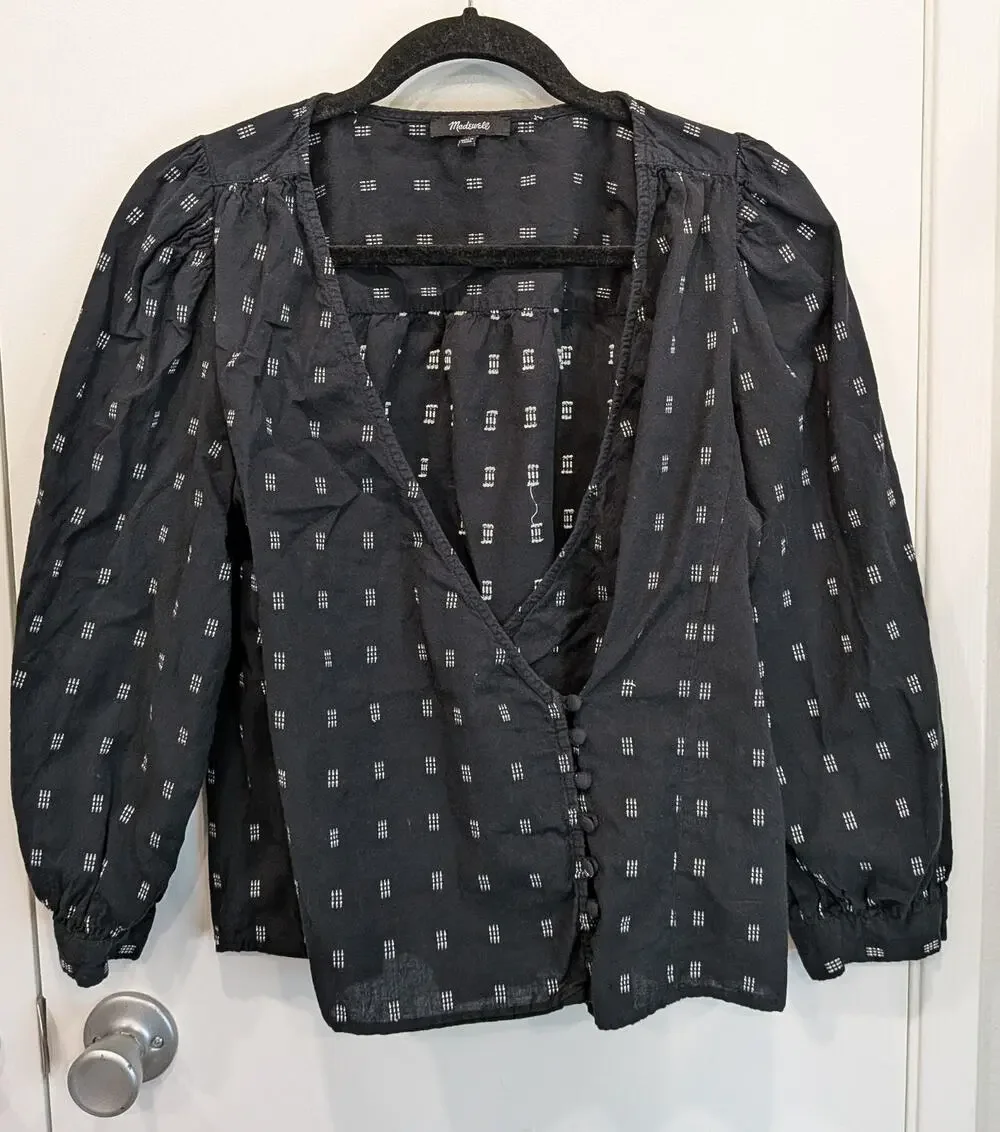 Madewell Black & White Kinston Side Button Wrap Tunic Top Puff Sleeves Large